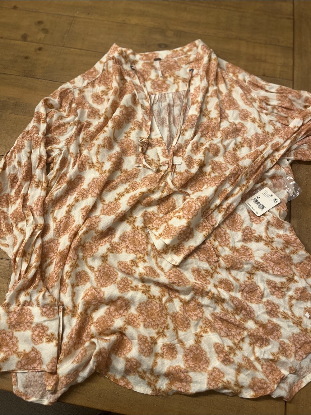 Free People Mia Floral Cotton Woven Tie Crew Keyhole Neck Long Tunic NWT